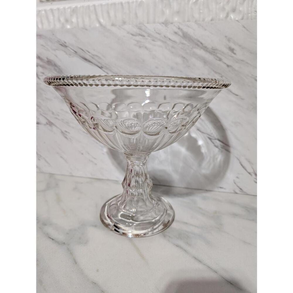 EAPG Clear Glass Pedestal Bowl W/Decorative Pattern Scalloped Edge Compote Bowl